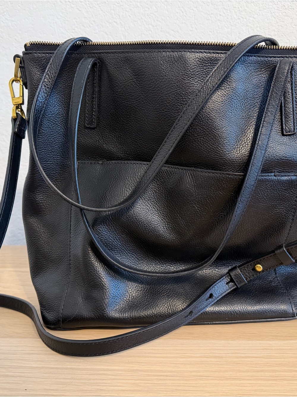 Fossil Evelyn Black Leather Shoulder Bag and medium tote with Gold Hardware